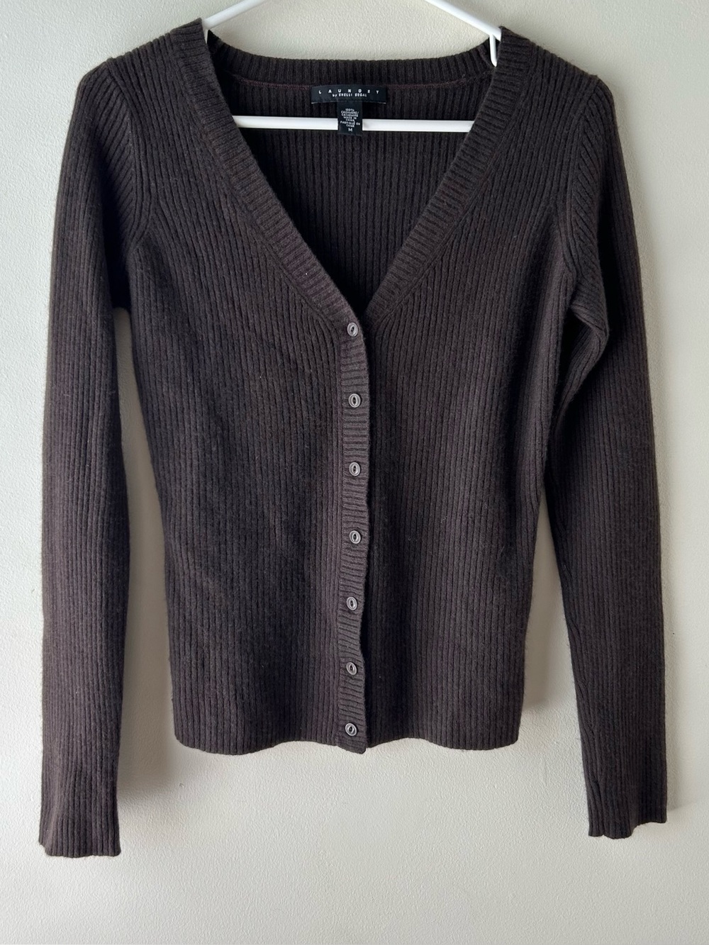 Laundry by Shelli Segal 100% Cashmere Ribbed V-Neck Cardigan Sweater Brown M